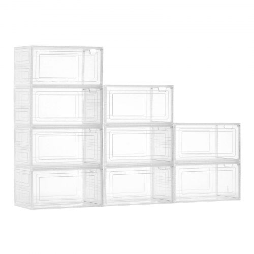 Skoförvaringslådor, 9-pack genomskinliga stapelbara skokartonger med magnetisk dörr, passar upp till US-storlek 13, plastbehållare för sneakers för höga klackar, stövlar och hattar, transparent vit