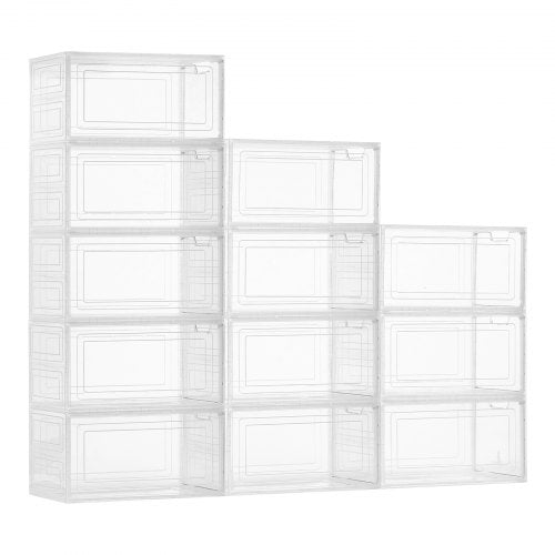 Shoe Storage Boxes, 12 Pack Clear Stackable Shoe Boxes Storage Organizers with Magnetic Door, Fit up to US Size 13, Plastic Sneaker Containers for High Heels, Boots, and Hats, Transparent White