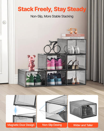 Skoförvaringslådor, 6-pack genomskinliga stapelbara skokartonger med magnetisk dörr, passar upp till US-storlek 13, plastbehållare för sneakers för höga klackar, stövlar och hattar, transparent svart