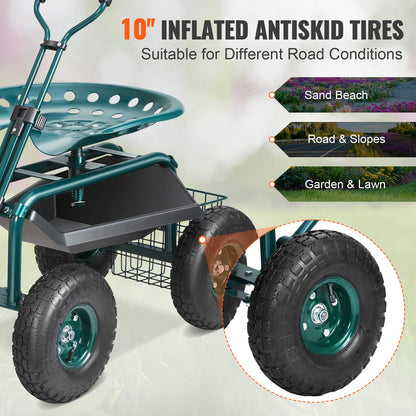 Garden Cart Rolling Workseat with Wheels, Gardening Stool for Planting, 360 Degree Swivel Seat, Wagon Scooter with Steering Handle & Utility Tool Tray, Use for Patio, Yard, and Outdoors, Green