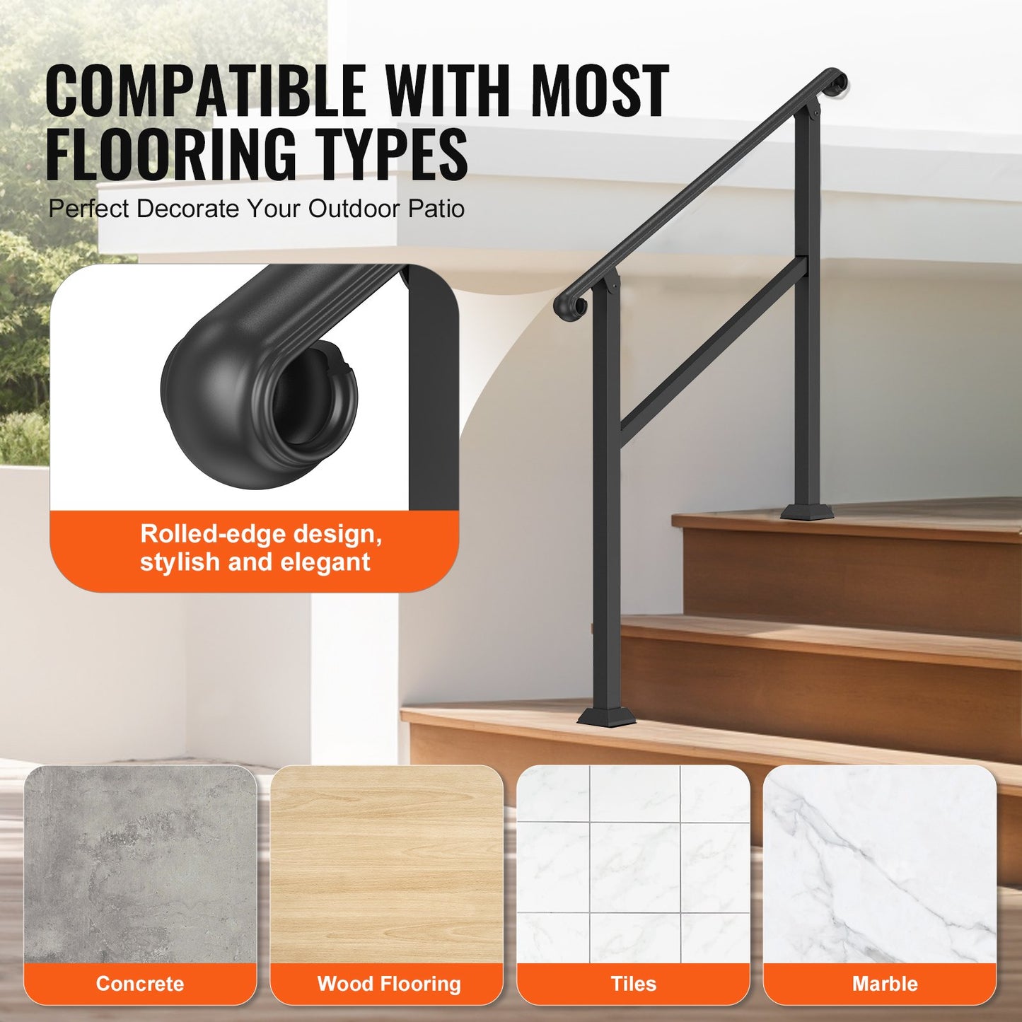 Ledstänger för utomhustrappor, Ledstänger för 2-3 steg och räckessats för inomhustrappor, Räcken för utomhustrappor med installationssats, Ledstänger för seniorer, Verandaräcke och däcksräcke, Svart