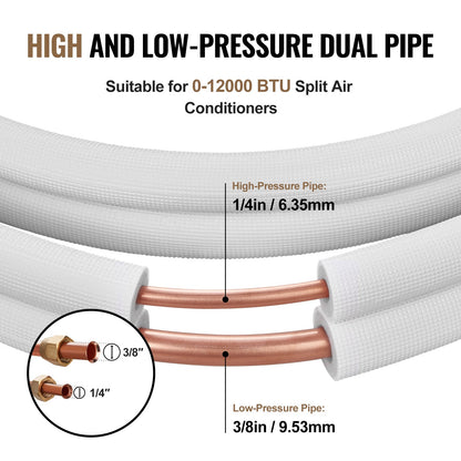 7620mm Mini Split Line Set, 6.4 & 9.5mm O.D Copper Pipes Tubing and Triple-Layer Insulation, for Mini Split Air Conditioning Refrigerant or Heating Pump Equipment & HVAC with Wrapping Strips.