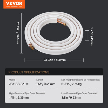 7620mm Mini Split Line Set, 6.4 & 9.5mm O.D Copper Pipes Tubing and Triple-Layer Insulation, for Mini Split Air Conditioning Refrigerant or Heating Pump Equipment & HVAC with Wrapping Strips.