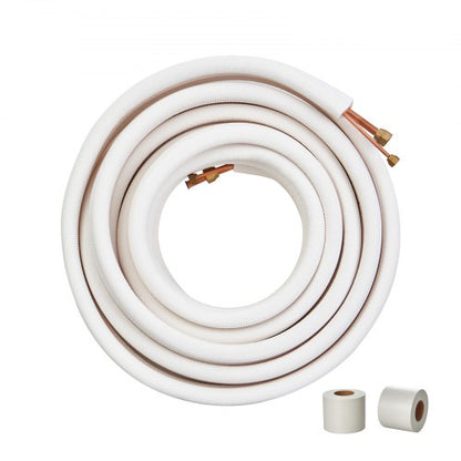 15240 mm mini-splitledningssats, kopparrör med 6,4 och 12,7 mm ytterdiameter och treskiktsisolering, för mini-split luftkonditionering, köldmedium eller värmepumpar och HVAC med lindningslister.