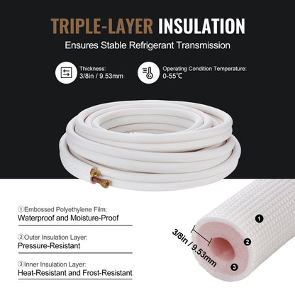 15240 mm mini-splitledningssats, kopparrör med 9,5 och 15,9 mm ytterdiameter och treskiktsisolering, för mini-split luftkonditionering, köldmedium eller värmepumpar och HVAC med lindningslister.