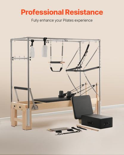 Pilates Reformer, Pilatesmaskin i trä för hemmagym, styrketräningsutrustning med dubbelt motstånd, Reformer Box, hoppbräda, för avancerade användare och nybörjare, upp till 180 kg