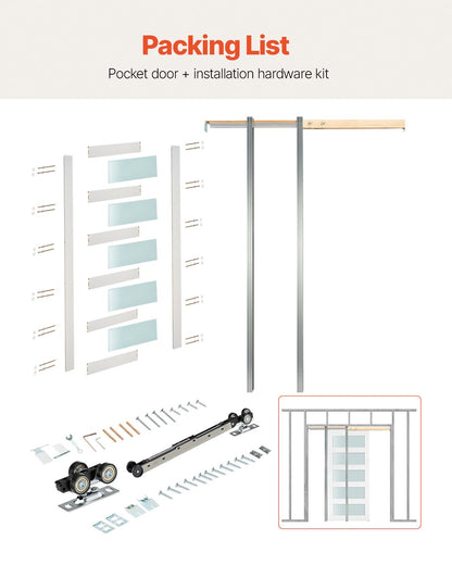 Skjutdörr i fickformat, 915 x 2035 mm, 5-liters enkel skjutdörr i frostat glas med beslag, robusta fickdörrar i massivt trä och MDF, platta med vattentät yta för sovrum, kök, arbetsrum