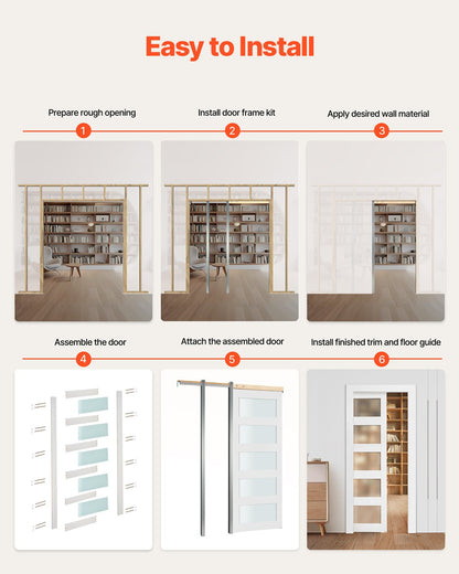 Skjutdörr i fickformat, 915 x 2035 mm, 5-liters enkel skjutdörr i frostat glas med beslag, robusta fickdörrar i massivt trä och MDF, platta med vattentät yta för sovrum, kök, arbetsrum