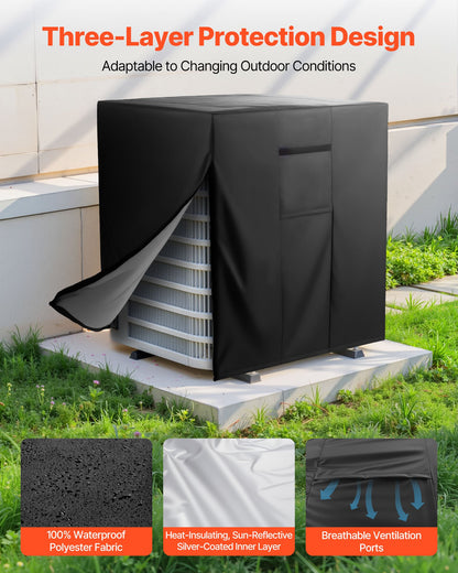 Luftkonditioneringsskydd, 914 x 914 x 1010 mm AC-skydd för luftkonditioneringsenhet, trelagers, vattentätt polyestertyg, nätventilation, universalskydd för utomhus-/utomhus-AC-enhet, svart