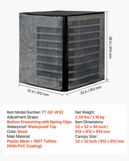 Luftkonditioneringsskydd, 812 x 812 x 914 mm AC-skydd för luftkonditioneringsenhet, dubbelt lager, avtagbart skydd, vattentät polyester, universellt HVAC-skydd för utomhus- och utomhus-AC-enhet, svart
