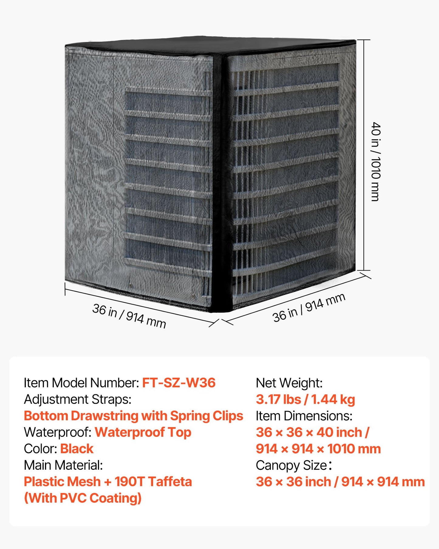 Luftkonditioneringsskydd, 914 x 914 x 1010 mm AC-skydd för luftkonditioneringsenhet, dubbelt lager, avtagbart skydd, vattentät polyester, universellt HVAC-skydd för utomhus-/utomhus-AC-enhet, svart