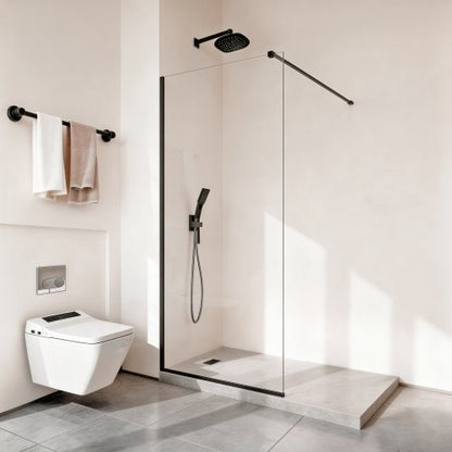 Fixed Glass Shower Panel, 864 x 1870 mm Semi-Framed Fixed Shower Screen, 8 mm Thick Clear Tempered Glass Door with Bottom Seal Strip and Hardware, Easy to Clean, for Bathroom, Matte Black
