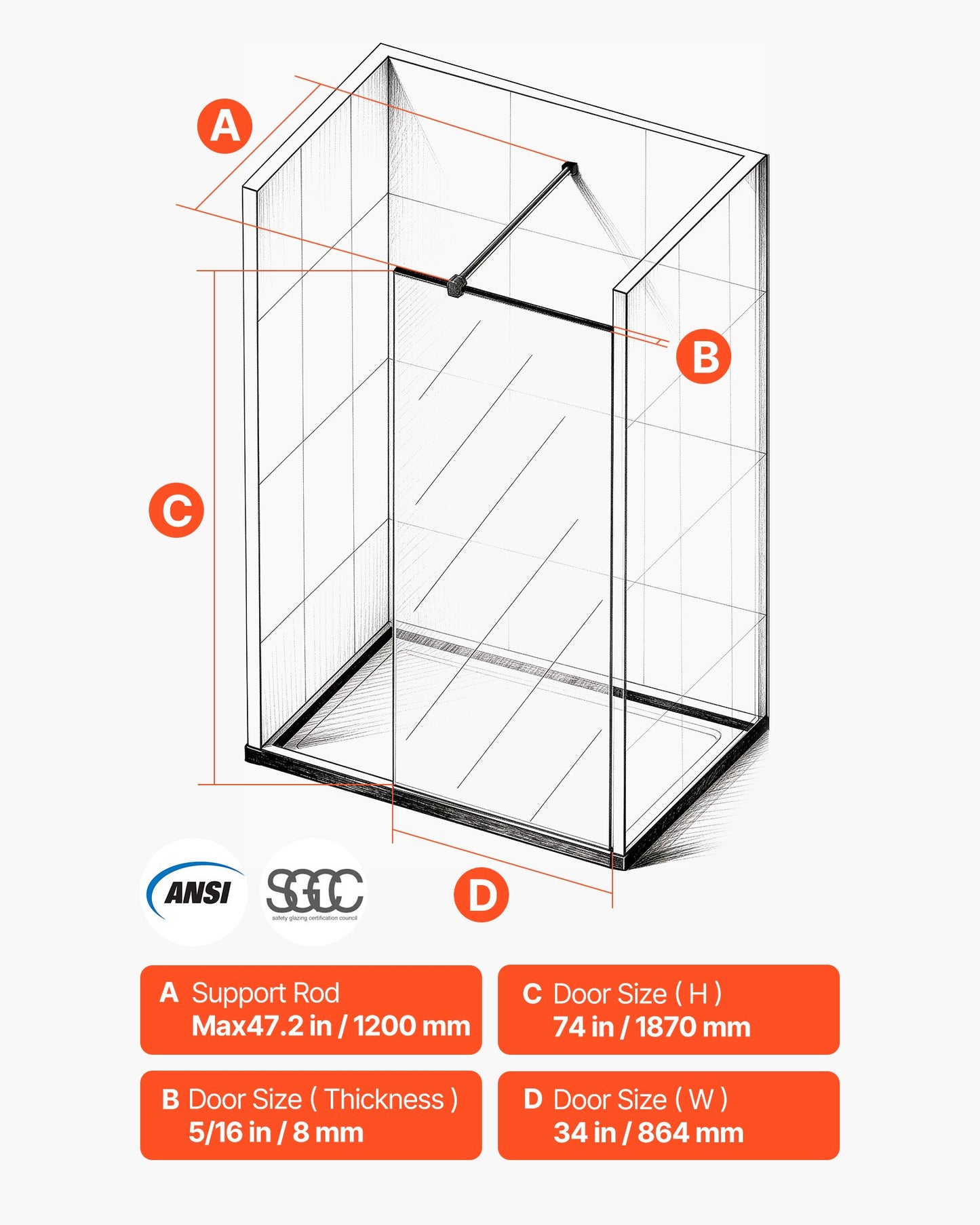 Fixed Glass Shower Panel, 864 x 1870 mm Semi-Framed Fixed Shower Screen, 8 mm Thick Clear Tempered Glass Door with Bottom Seal Strip and Hardware, Easy to Clean, for Bathroom, Matte Black