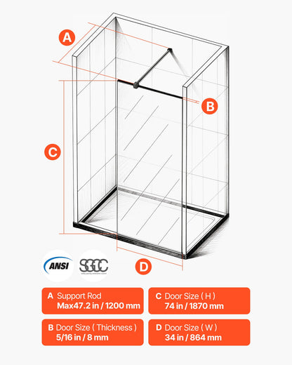 Fixed Glass Shower Panel, 864 x 1870 mm Semi-Framed Fixed Shower Screen, 8 mm Thick Clear Tempered Glass Door with Bottom Seal Strip and Hardware, Easy to Clean, for Bathroom, Matte Black