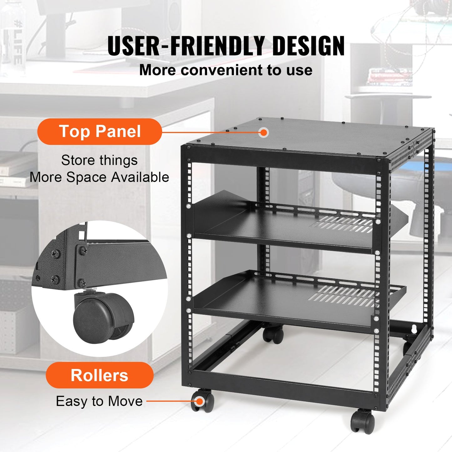 12U serverrack med öppet ramverk, 58,5-101,6 cm justerbart djup, fristående eller väggmonterat nätverksserverrack, AV-rack med 4 stolpar och hjul, rymmer all din nätverks-IT-utrustning AV-utrustning router modem