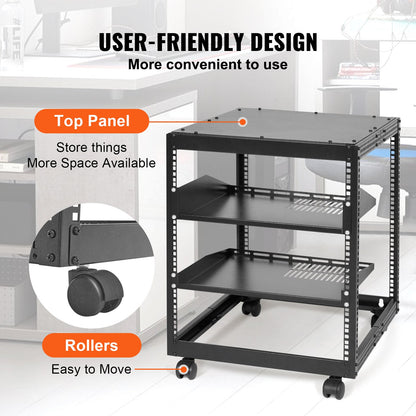 12U serverrack med öppet ramverk, 58,5-101,6 cm justerbart djup, fristående eller väggmonterat nätverksserverrack, AV-rack med 4 stolpar och hjul, rymmer all din nätverks-IT-utrustning AV-utrustning router modem