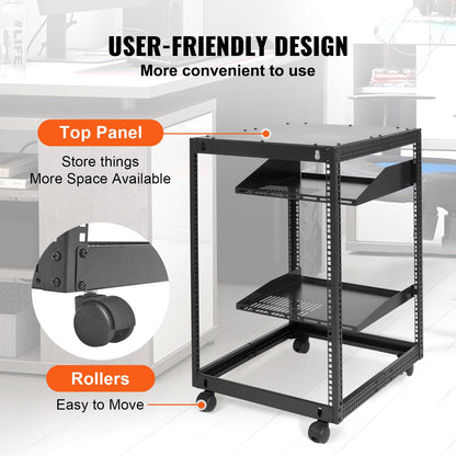 15U Open Frame Server Rack, 58.5-101.6cm/23-40 in Adjustable Depth, Free Standing or Wall Mount Network Server Rack, 4 Post AV Rack with Casters, Holds All Your Networking IT Equipment AV Gear Router Modem