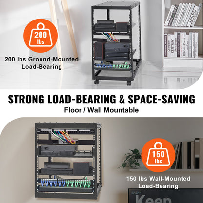 20U serverrack med öppet ramverk, 58,5–101,6 cm/223–40 tum justerbart djup, fristående eller väggmonterat nätverksserverrack, AV-rack med 4 stolpar och hjul, rymmer all din nätverks-IT-utrustning AV-utrustning Router Modem