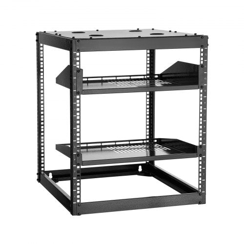 12U nätverksrack med öppet ramverk, 585 mm djup, väggmonterat eller golvstående serverrack, kraftigt 4-pelare, med ventilerade hyllor och monteringsdetaljer, rymmer all din nätverks-IT-utrustning och AV-utrustning