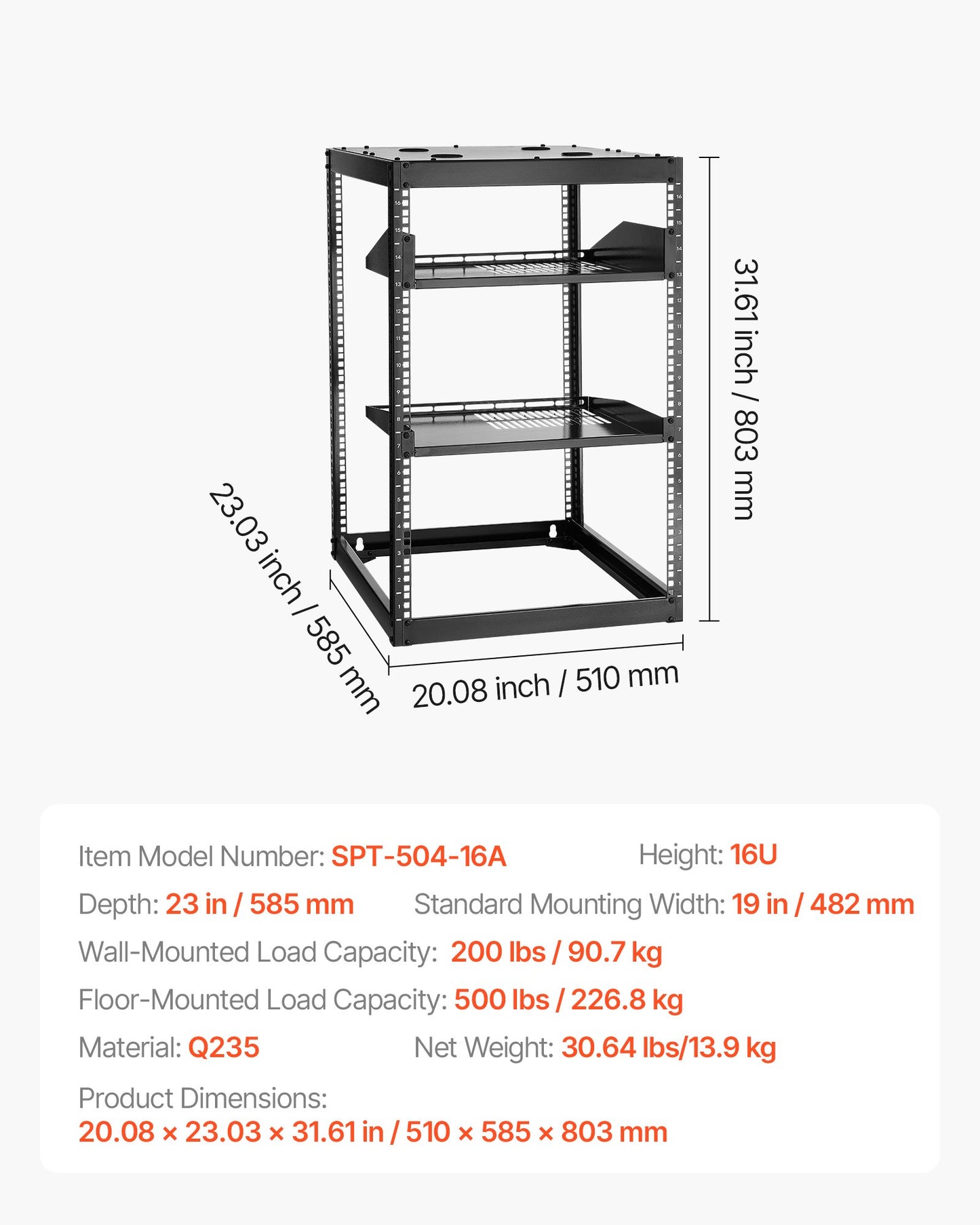 16U nätverksrack med öppet ramverk, 585 mm djup, väggmonterat eller golvstående serverrack, kraftigt 4-pelares rack, med ventilerade hyllor och monteringsdetaljer, rymmer all din nätverks-IT-utrustning och AV-utrustning