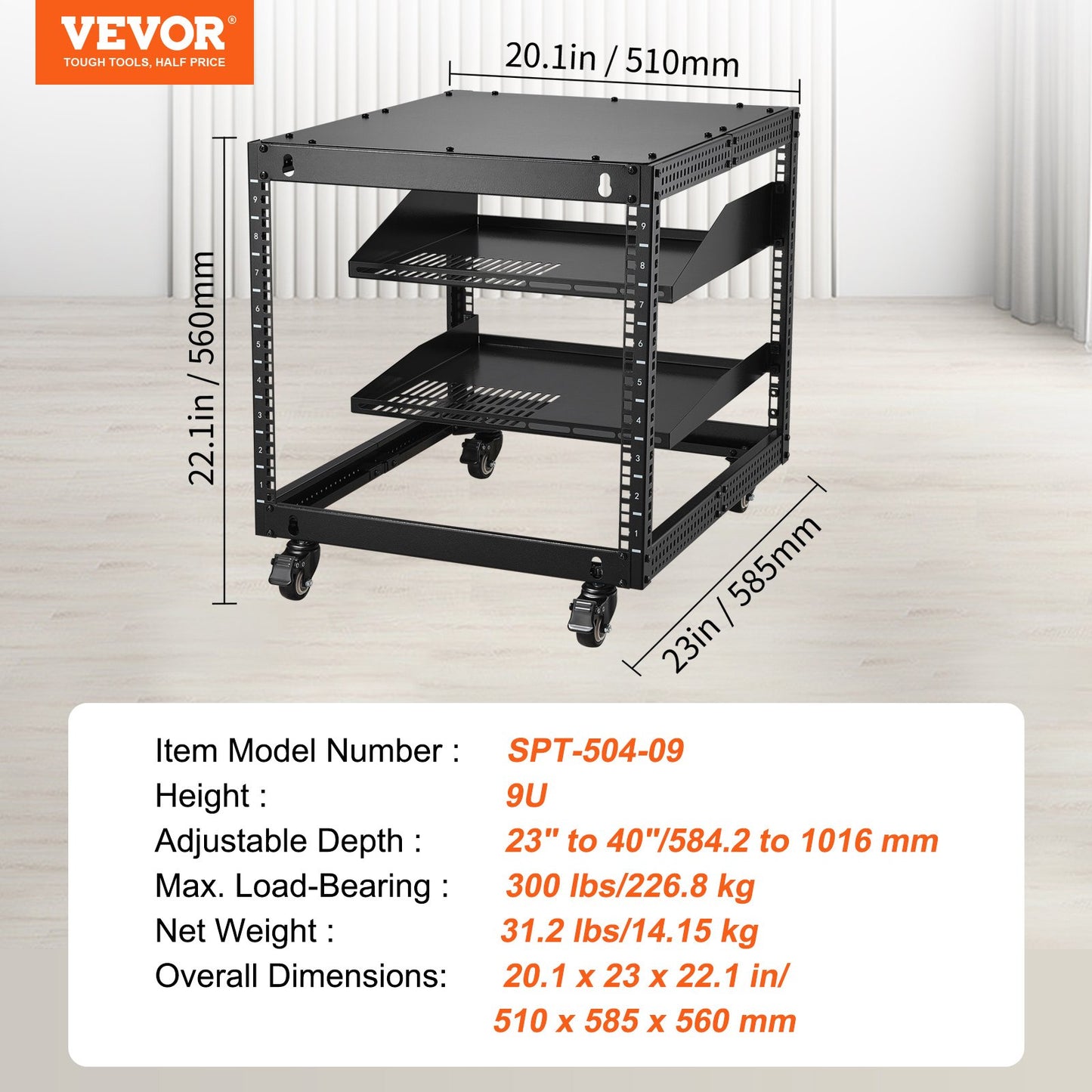 9U 4-pelare öppen ram serverrack nätverkskapsling 58,4-101,6 cm justerbart djup