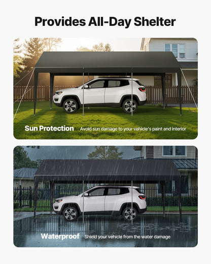 Carport, 10 x 20 fot utomhustak för bil, drickbar carport, kraftigt galvaniserat bilskydd, UV-beständigt och vattentåligt, året runt-skydd, förråd för bil, båt, motorcykel, grå