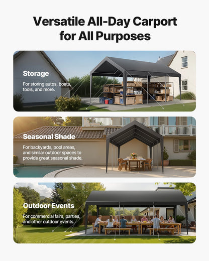 Carport, 10 x 20 fot utomhustak för bil, drickbar carport, kraftigt galvaniserat bilskydd, UV-beständigt och vattentåligt, året runt-skydd, förråd för bil, båt, motorcykel, grå