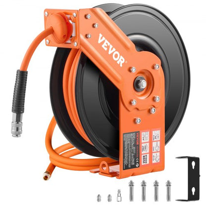 Indragbar luftslangvinda, 3/8IN x 50FT hybridluftslang max 300PSI, automatisk återupprullning av luftkompressorslangvinda med 5FT genomföring, tak-/väggmonterad kraftig enkelarmsvinda och 180° vridbart fäste