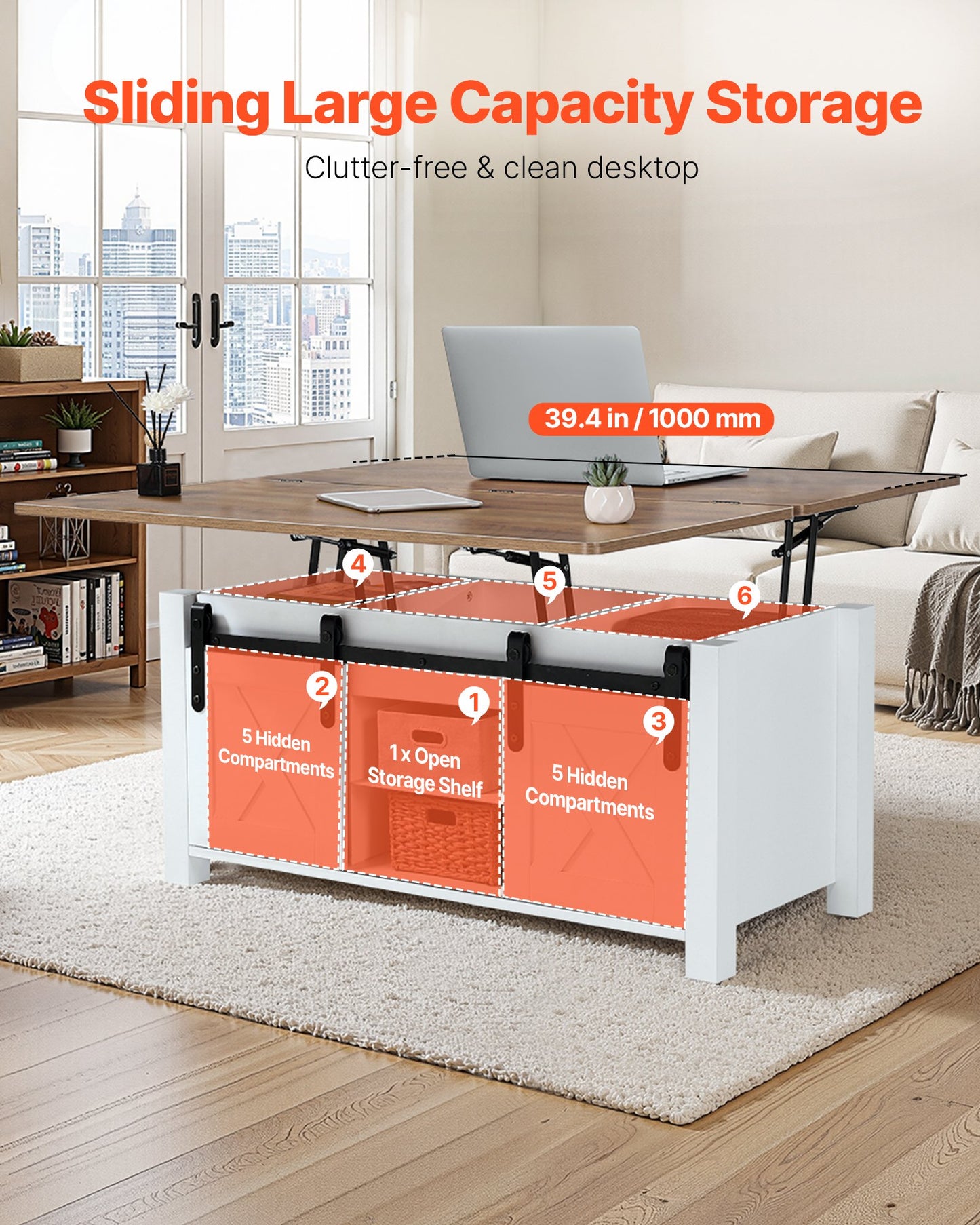 1000 mm lyftbart soffbord i lantlig stil, rustikt mittbord med ladugårdsdörr och dolt förvaringsfack, modern rektangulär lyftbar bordsskiva för vardagsrum, kontor, hem, enkel montering, brun