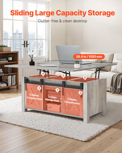 1000 mm lyftbart soffbord i lantlig stil, rustikt mittbord med ladugårdsdörr och dolt förvaringsfack, modern rektangulär lyftbar bordsskiva för vardagsrum, kontor, hem, enkel montering, ek