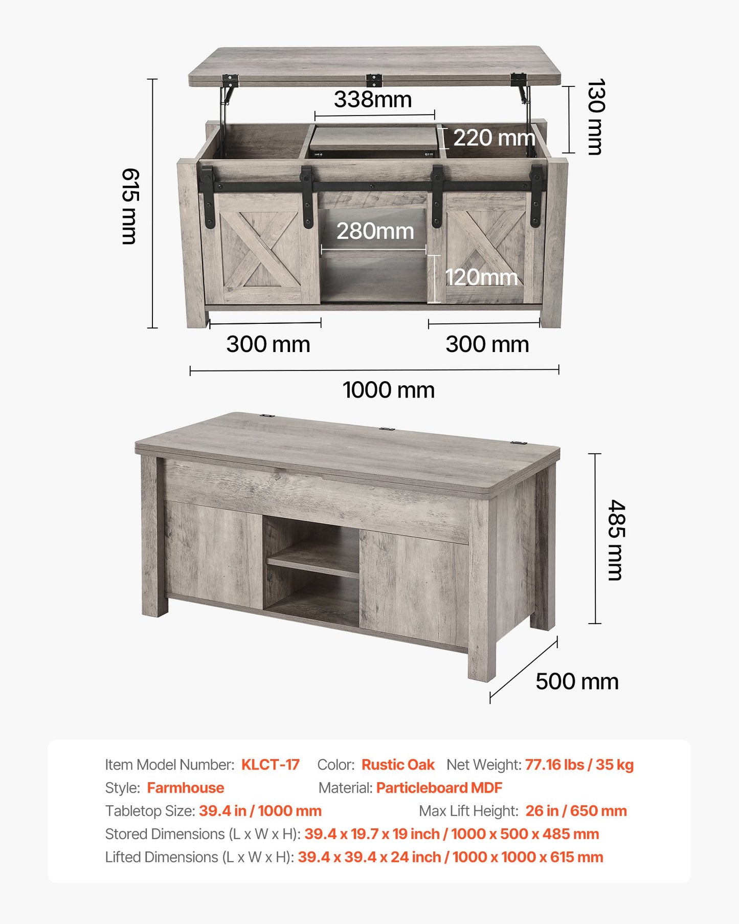 1000 mm lyftbart soffbord i lantlig stil, rustikt mittbord med ladugårdsdörr och dolt förvaringsfack, modern rektangulär lyftbar bordsskiva för vardagsrum, kontor, hem, enkel montering, ek