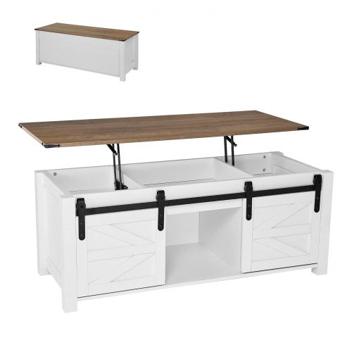 1200 mm Farmhouse Lift Top Coffee Table, Rustic Center Table with Barn Door and Hidden Storage Compartment, Modern Rectangle Lifting Tabletop for Living Room, Office, Home, Easy Assembly, White