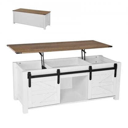 1200 mm Farmhouse Lift Top Coffee Table, Rustic Center Table with Barn Door and Hidden Storage Compartment, Modern Rectangle Lifting Tabletop for Living Room, Office, Home, Easy Assembly, White