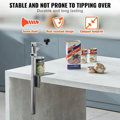 Kommersiell konservöppnare, kraftig manuell bordskonservöppnare för burkar upp till 300 mm höjd, höjdjusterbara professionella konservöppnare fästa med skruvar, för restaurang, hotell och livsmedelsbutik