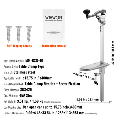 Kommersiell konservöppnare, kraftig manuell bordskonservöppnare för burkar upp till 400 mm höjd, höjdjusterbara konservöppnare fästa med skruvar och bordsklämma, för restaurang, hotell och livsmedelsbutik