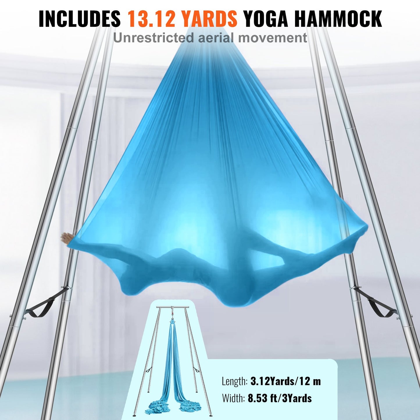 Aerial Yoga-ram och yogahängmatta, 9,67 fot hög, professionellt yoga-gungstativ, levereras med 13,1 meter hängmatta, max 237 kg lastkapacitet, yogarigg för inomhus- och utomhusyoga, blå