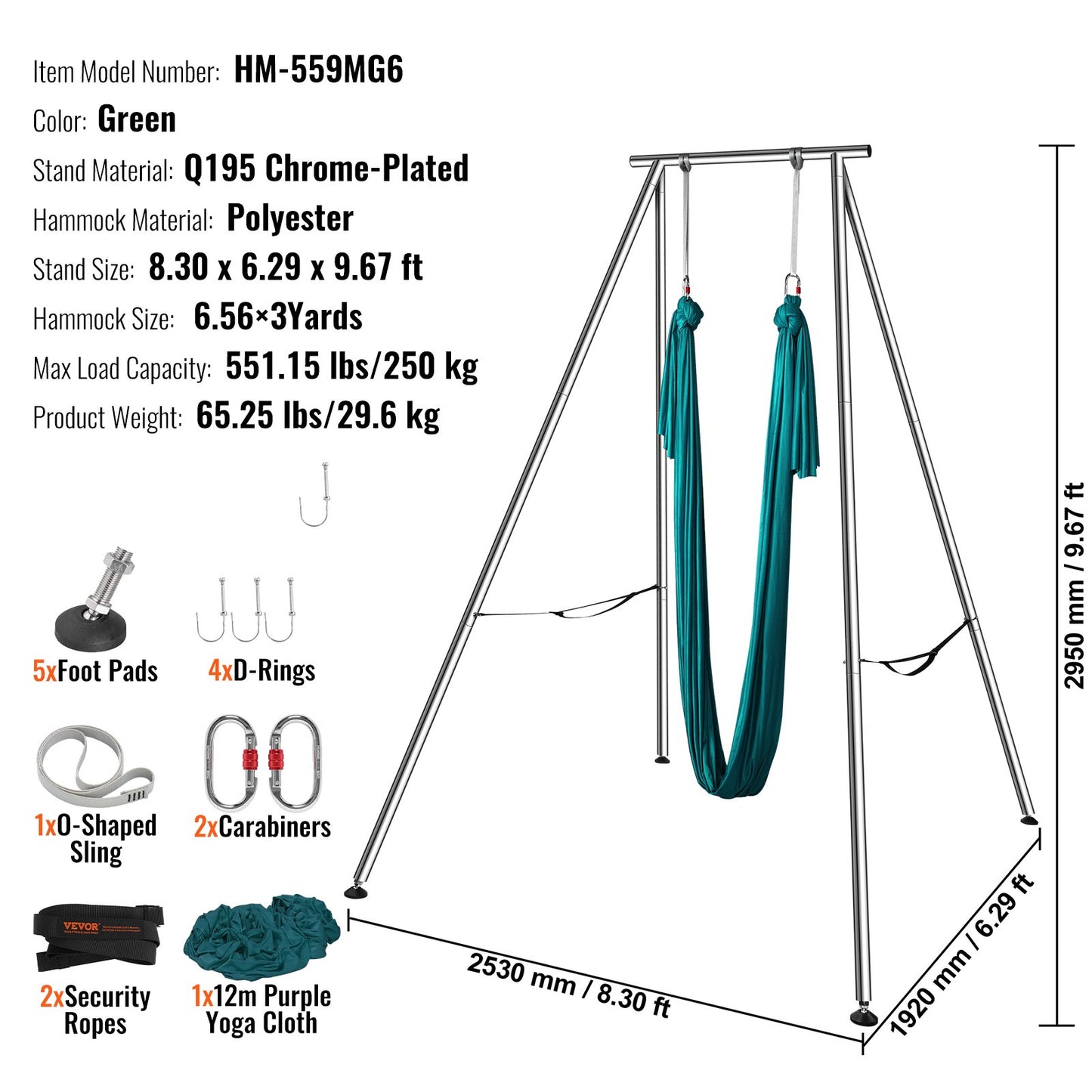 Aerial Yoga-ram och yogahängmatta, 9,67 fot hög, professionellt yoga-gungstativ, levereras med 6,6 meter hängmatta, max 237 kg lastkapacitet, yogarigg för inomhus- och utomhusyoga, grön