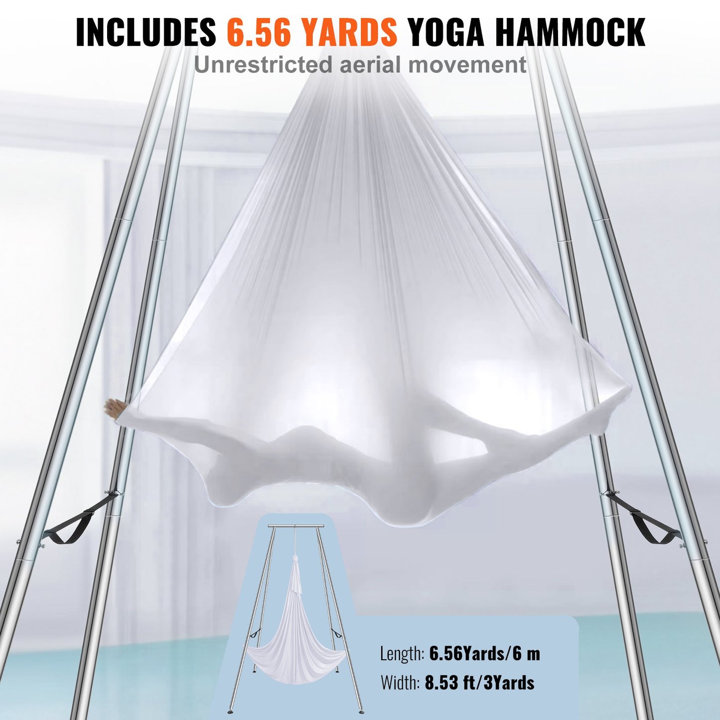 Aerial Yoga-ram och yogahängmatta, 9,67 fot hög, professionellt yoga-gungstativ, levereras med 6,6 meter hängmatta, max 237 kg lastkapacitet för yoga inomhus och utomhus, vit