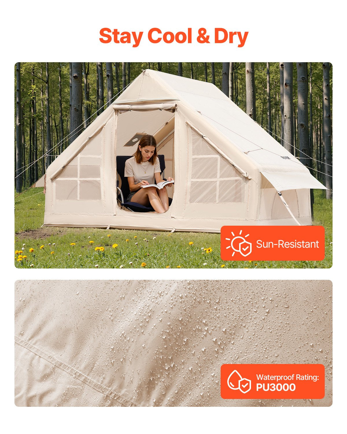 Uppblåsbara tält för camping, 3-5 personers lättmonterat uppblåst tält med handpump, 300D Oxford 4 säsonger glampingtält med spisuttag, 2 dörrar och 2 nätfönster, förvaringsväska ingår för enkel förvaring
