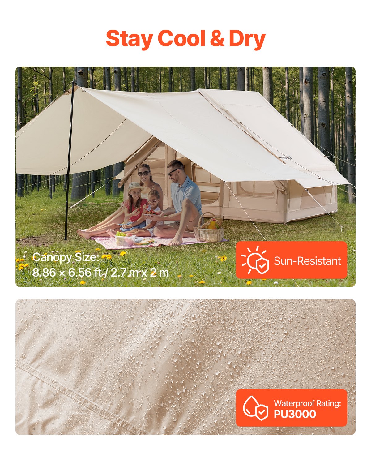 Uppblåsbara tält för camping, 3-5 personer, lättmonterat, uppblåsbart tält med handpump, 300D Oxford 4-säsongers glampingtält med tak, spisjack, 2 dörrar och 2 nätfönster (förvaringsväska ingår)