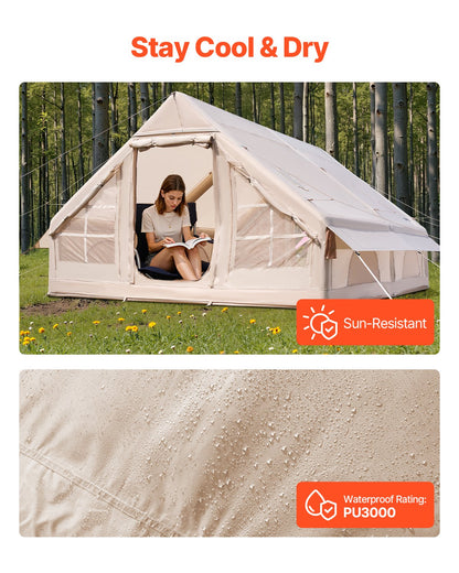 Uppblåsbara tält för camping, 5-8 personers lättmonterat uppblåst tält med handpump, 300D Oxford glampingtält med spisuttag, 2 dörrar och 4 nätfönster, förvaringsväska ingår för enkel förvaring