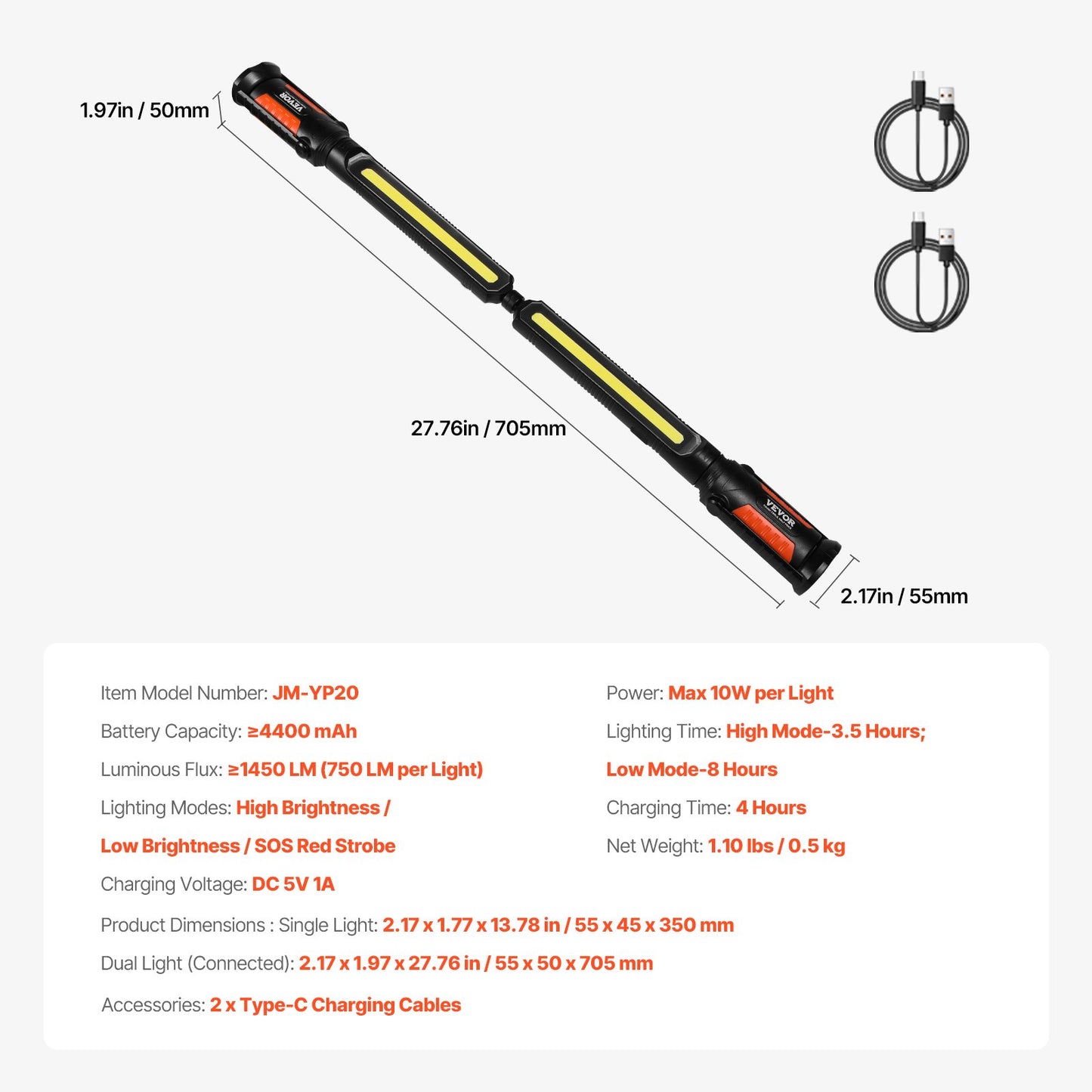 Arbetslampa under huven, 1450 LM, 4400 mAh uppladdningsbar magnetisk ljusstark LED-lampa, bärbar sladdlös arbetslampa för mekaniker, för bilreparationer, inspektion, garage, verkstad, nödbelysning i hemmet