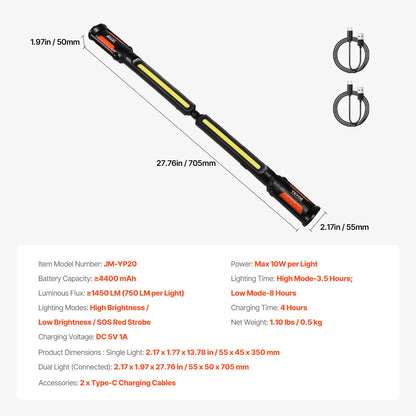 Arbetslampa under huven, 1450 LM, 4400 mAh uppladdningsbar magnetisk ljusstark LED-lampa, bärbar sladdlös arbetslampa för mekaniker, för bilreparationer, inspektion, garage, verkstad, nödbelysning i hemmet