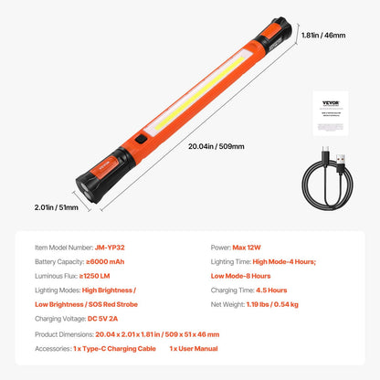 Arbetslampa under huven, 1250 LM, 6000 mAh uppladdningsbar magnetisk ljusstark LED-lampa, bärbar sladdlös arbetslampa för mekaniker, för bilreparationer, inspektion, garage, verkstad, nödbelysning i hemmet