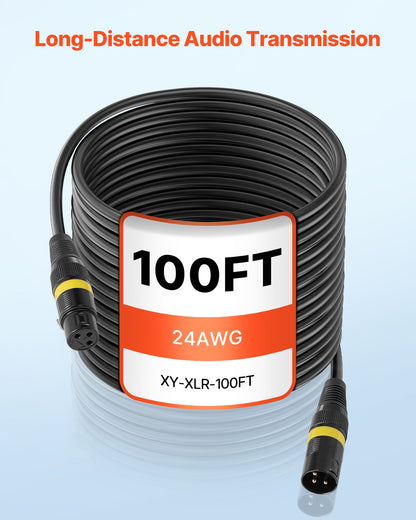 XLR-kabel 30,48 m, 2-pack, skärmade balanserade DMX-hane-till-hona-mikrofonkablar, guldpläterad 3-polig XLR-mikrofonhögtalarkabel, för scenbelysning, mikrofoner, förstärkare, mixer, högtalarsystem
