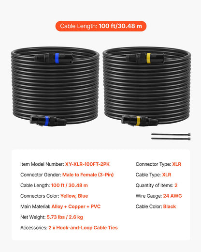 XLR-kabel 30,48 m, 2-pack, skärmade balanserade DMX-hane-till-hona-mikrofonkablar, guldpläterad 3-polig XLR-mikrofonhögtalarkabel, för scenbelysning, mikrofoner, förstärkare, mixer, högtalarsystem