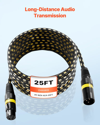XLR-kabel 7,62 m, 6-pack, skärmade balanserade DMX-hane-till-hona-mikrofonkablar, guldpläterade 3-poliga XLR-mikrofonhögtalarkablar, för scenbelysning, mikrofoner, förstärkare, mixer, högtalarsystem