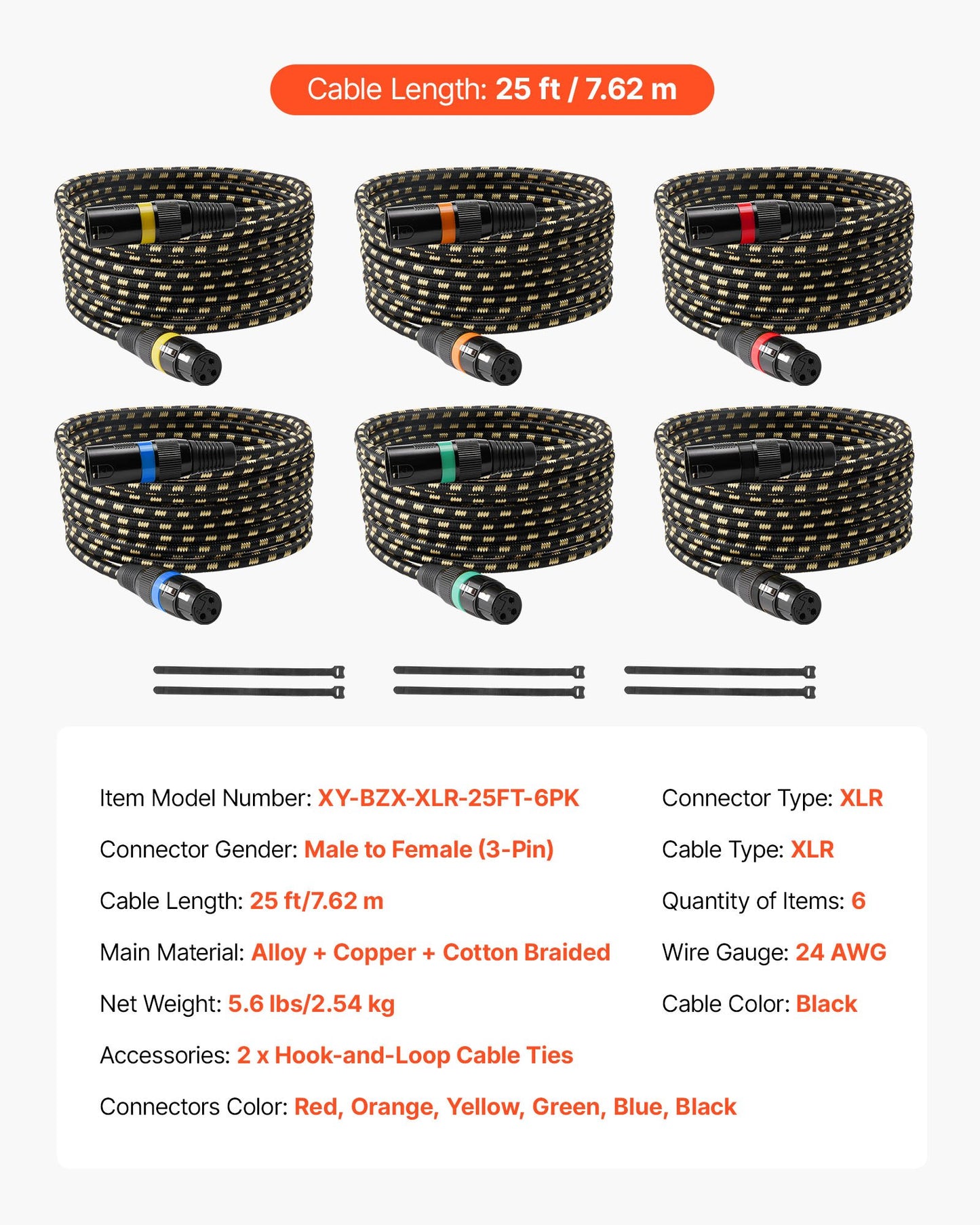 XLR-kabel 7,62 m, 6-pack, skärmade balanserade DMX-hane-till-hona-mikrofonkablar, guldpläterade 3-poliga XLR-mikrofonhögtalarkablar, för scenbelysning, mikrofoner, förstärkare, mixer, högtalarsystem