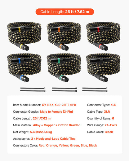 XLR-kabel 7,62 m, 6-pack, skärmade balanserade DMX-hane-till-hona-mikrofonkablar, guldpläterade 3-poliga XLR-mikrofonhögtalarkablar, för scenbelysning, mikrofoner, förstärkare, mixer, högtalarsystem