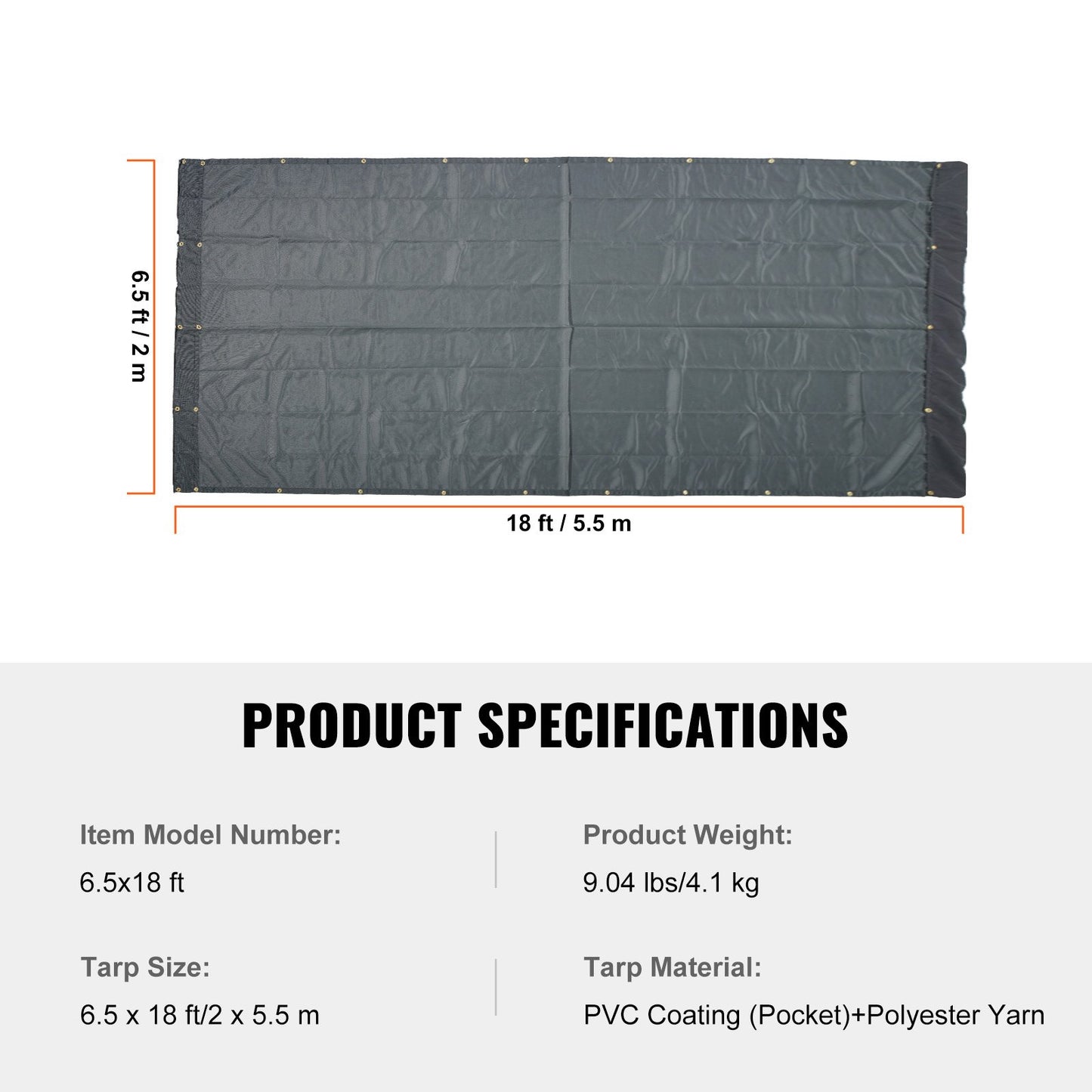 Nätpresenning för dumper, 6,5x18 fot, PVC-belagt svart kraftigt överdrag med 5,5" 18oz dubbelficka, mässingsöljetter, förstärkt dubbelnålstygnsvävband passar manuella eller elektriska dumpersystem